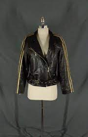 Vintage Womens Oakwood Black Leather Striped Sleeve Perfecto Motorcycle Jacket S Oakwood Doyoureallyneedone Vintage Ladies Vest For Sale Vintage Coat