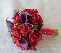 You'll find invitations, thank you cards, stickers, and so much more displaying the similar floral arrangements to create the perfect theme for your wedding. Red Roses And Deep Purple Plum Calla Lily Silk Real Touch Wedding Bouquet Purple Calla Lilies Purple Wedding Bouquets Purple Calla Lily