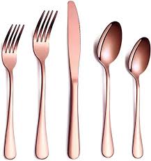 Made of steel with an electroplated copper finish. Amazon Com Rose Gold Flatware Set 20 Piece Service For 4 Copper Plated Stainless Steel Silverware Set Service For 4 Shiny Copper Flatware Sets