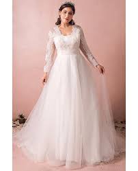 Tulle satin tiers zipper wedding dress. Modest Long Lace Sleeve Plus Size Wedding Dress Tulle Beach Weddings Mn8024 Gemgrace Com