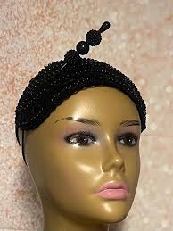 Black Beaded Lace Fascinator Headband: Gemstone Half Hat