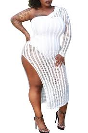 Lovely Sexy One Shoulder Hollow Out White Plus Size Cover Up