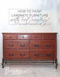 How To Paint Laminate Furniture Without Sanding 90 S Dresser Makeover Painting Laminate Furniture Painting Laminate Laminate Furniture