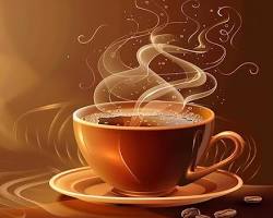 steaming cup of coffee with coffee beans scattered aroundの画像