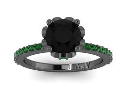Black Diamond Green Emerald Engagement Ring Flower Engagement 14k Black Emerald Engagement Ring Green Black Diamond Ring Engagement Black Gold Engagement Rings