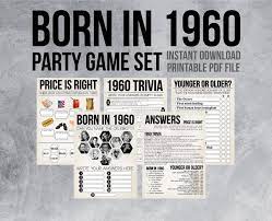 Born In 1960 60th Birthday Party Games 1960 Trivia Games Etsy In 2021 40th Birthday Party Games Anniversary Party Games 60th Birthday Party Games
