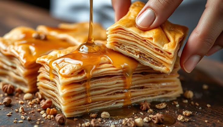 Step by step process of layering phyllo dough and brushing with melted butter for baklava recipe