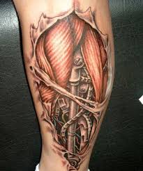 Badass Calf 3d Tattoos Best 3d Tattoos Cool 3d Tattoo Designs And Ideas For Your Sleeve Chest Back Cyborg Tattoo Biomechanical Tattoo Ripped Skin Tattoo