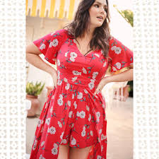 This floral print romper with maxi overlay is a fresh take on one of your favorites. Red Floral Challis Walk Through Romper Plus Size Romper Plus Size Summer Outfit Plus Size Summer Outfits