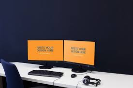 Free Dual Monitor Computer Setup Mockup In Psd Computer Mockup Mockup Psd Mockup Free Psd