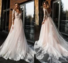 Discount Long Sleeves Light Pink Wedding Dresses Sheer Neck Illusion Bodice Appliques Lace Tu Pink Wedding Dresses Light Pink Wedding Dress Sheer Wedding Dress