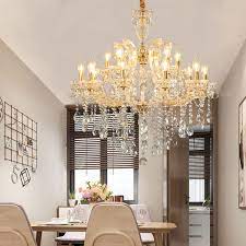 Meelighting chandelier features clear glass prisms on a irregular square tube. Luxury Crystal Chandelier European Gold Pendant Light Dining Room Living Room Hq9155