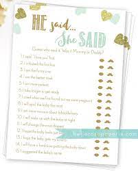 He Said She Said Baby Shower Game Mint And Gold Hearts Etsy Boy Baby Shower Games Baby Shower Songs Gold Baby Showers