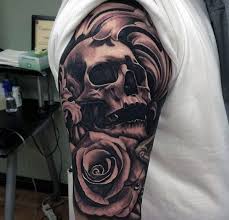Male Black Ink Skull And Rose Flower Sleeve Tattoo Jpg 600 578 Pixels Black Ink Tattoos Tattoo Designs Men Half Sleeve Tattoos Color