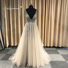 Naujos pilkos V-kaklo partijos suknelės Moteriškos linijos suknele  vestuvinės suknelės 2017 apranga Elegantiškos karoliukai per aukštą split  Tulle Prom Dress