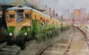 Indian Local Train At Kolkata Watercolor Painting Train Art Water Paint Art Cityscape Painting