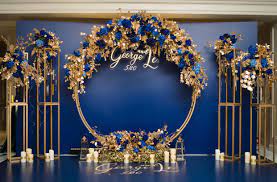 Pin By Nguyễn Thị Mai Thoại Dung On Bridal A Navy Gold Wedding Wedding Backdrop Design Photo Booth Backdrop Wedding Wedding Reception Backdrop
