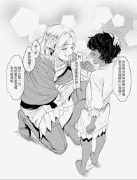 kabru, mithrun, dungeon meshi, french braid, uniform, absurdres,  commentary, highres, symbol-only commentary, translation request, 2boys, ^  ^, aged down, barefoot, blush, boots, braid, child, cloak, closed eyes,  czzsghdf, dark-skinned male, dark skin, elf ...