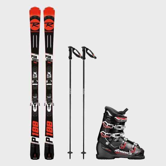 Complete ski equipment package bundle ready for resort pick-up, AI generated