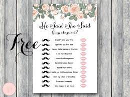Free Elegant Floral He Said She Said Game Bride Bows Bridal Shower Activities Printable Bridal Shower Games Wedding Shower Games