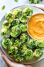 Green Summer Rolls With Mango Miso Sauce Lazy Cat Kitchen Recipe Warm Weather Recipes Delicious Vegetarian Vegetarian Recipes