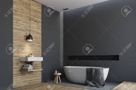 On a tendance à négligé l'aménagement de nos salles de bains en se un autre exemple de salle de bain chic où le noir et le blanc se combinent harmonieusement avec le bois clair. Interieur De Salle De Bain Noir Et Bois Avec Un Plancher En Bois Une Baignoire Ronde Blanche Et Un Evier Angulaire Vue De Cote Maquette 3d Banque D Images Et Photos Libres De