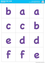 Three lower case alphabet letter sets including a coloring sheet, a colored letters set, and a patterned alphabet letter set. Lowercase Alphabet Mini Cards Super Simple