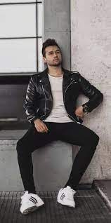 Monochrome Street Wear Look With A Black Leather Jacket White T Shirt Black Slim Denim Leather Jacket Street Style Leather Jacket Men Mens Street Style Casual