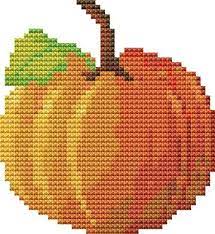 I stitched my pumpkin on 14 count light oatmeal colored aida and it ended up being about 2.5″ square when mounted. Pumpkin Cross Stitch Pattern