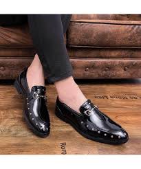 Black Rivet Patent Slip On Dress Shoe Metal Buckle Dress Shoes Leather Slip On Shoes Metal Buckles