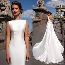 Get your glam on with this liquid crepe gown that swathes the upper body in delicate lace with matching inserts on the mermaid skirt. Discountsimple Satin Mermaid Wedding Dresses Bateau Boat Neck Sleeveless Fitted Long Sheath With Detachable Train Bow V Back Plus Size Bride Gowns From Fashionh Satin Mermaid Wedding Dress Online Wedding Dress