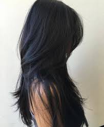The lightly layered bangs add some personality to this simple style. Long Black Layered Hairstyle Hair Styles Long Hair Styles Straight Layered Hair
