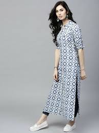 Style Tip Show Your Love For Prints With This Sassy Kurta A Pair Of White Leggings Will Go Well With Thi Kurta Designs Women Kurti Designs Clothes For Women