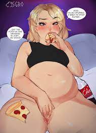 1girls bbw bed belly belly expansion belly inflation belly  stuffing bellystuffing big belly bloated bloated belly blonde hair blue  eyes blush cysgro dialogue eating expansion female female only finger