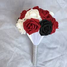 Green and crimson with cream. Wedding Bouquets Package For 5 Bridesmaids Dark Red Black White Roses Vanrina