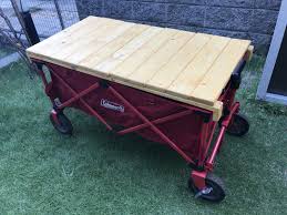 コールマンのキャリーワゴンをテーブル化 木で作ったのでしっかりしています 収納 アイデア キャンプ diy テーブル