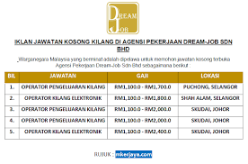 Segala kerja kosong di swasta ataupun kerajaan. Dibuka Jawatan Kosong Kilang Di Agensi Pekerjaan Dream Job Sdn Bhd Kini Dibuka