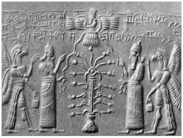 two hawk faced beings stand behind them bearing fruit from the tree in one hand and the tablets of destiny in ancient sumerian ancient sumer ancient mythology
