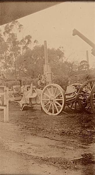 The remaining gun, of three 4-ton Sir W.G. Armstrong 70-Pdr. R.M.L guns, with shunt rifling system mounted on a special (Armstrong) wood sliding carriage and traversing platform, photographed while temporarily displayed at