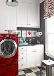 You might be wondering if you'll be able to get them into your home easily. White And Gray Laundry Room With Red Washer And Dryer Contemporary Laundry Room