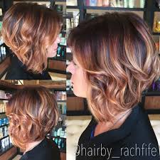 Short Angled Bob Rich Red Base With Golden Blonde Balayage Highlights Short Ombre Hair By Rachel Fi Short Hair Balayage Balayage Hair Balayage Brunette Short
