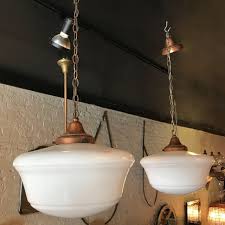 Deco frosted milk glass acorn ceiling light shade one of three mendocino vintage ruby lane. Art Deco Milk Glass And Copper Schoolhouse Pendant Lights Chairish