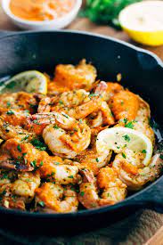 Garlic Shrimp Skillet With Roasted Red Pepper Sauce Jessica Gavin Recipe Roasted Red Pepper Sauce Cooking Seafood Stuffed Peppers