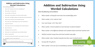 After learning all the addition and subtraction strategies in grade three kids get ready to apply these strategies in day to day life problems and we call them word problems in math language. Addition And Subtraction Using Worded Calculations Grade 3 Question Worksheet
