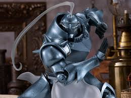The trunk of the body also consists of a removable breastplate with a protruding, triangular shelf on the chest just below the throat guard, a high collar that extends out of the back and surrounds the rear and sides of the neck, and a large, circular leather patch on either side of the abdomen. Fullmetal Alchemist Brotherhood Pop Up Parade Alphonse Elric