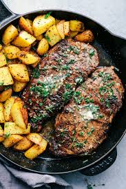 Pan Seared New York Strips With Garlic Butter And Grilled Potatoes Good Steak Recipes Strip Steak Recipe Recipes