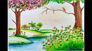 Easy, few steps, video lessons on how to draw cartoons, a rose, a dog, a dragon and much more. How To Draw Scenery Of Beautiful Spring Season Step By Step Easy For Kids Youtube Drawing Scenery Landscape Drawing Easy Scenery Drawing For Kids