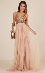 The Last Kiss Maxi Dress In Rose Gold Showpo Simple Prom Dress Rose Gold Prom Dress Gold Maxi Dress