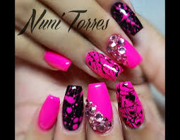 Acrylic Hot Pink And Black Nail Designs Pin By Stella Starr On Nail Magic With A Little Swag Younique Independent Presenter Splatter Nails Pink Nails Nail Designs