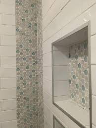 Vertical Tile Borders Shower Accent Tile Shower Alcove Coastal Bathroom Design